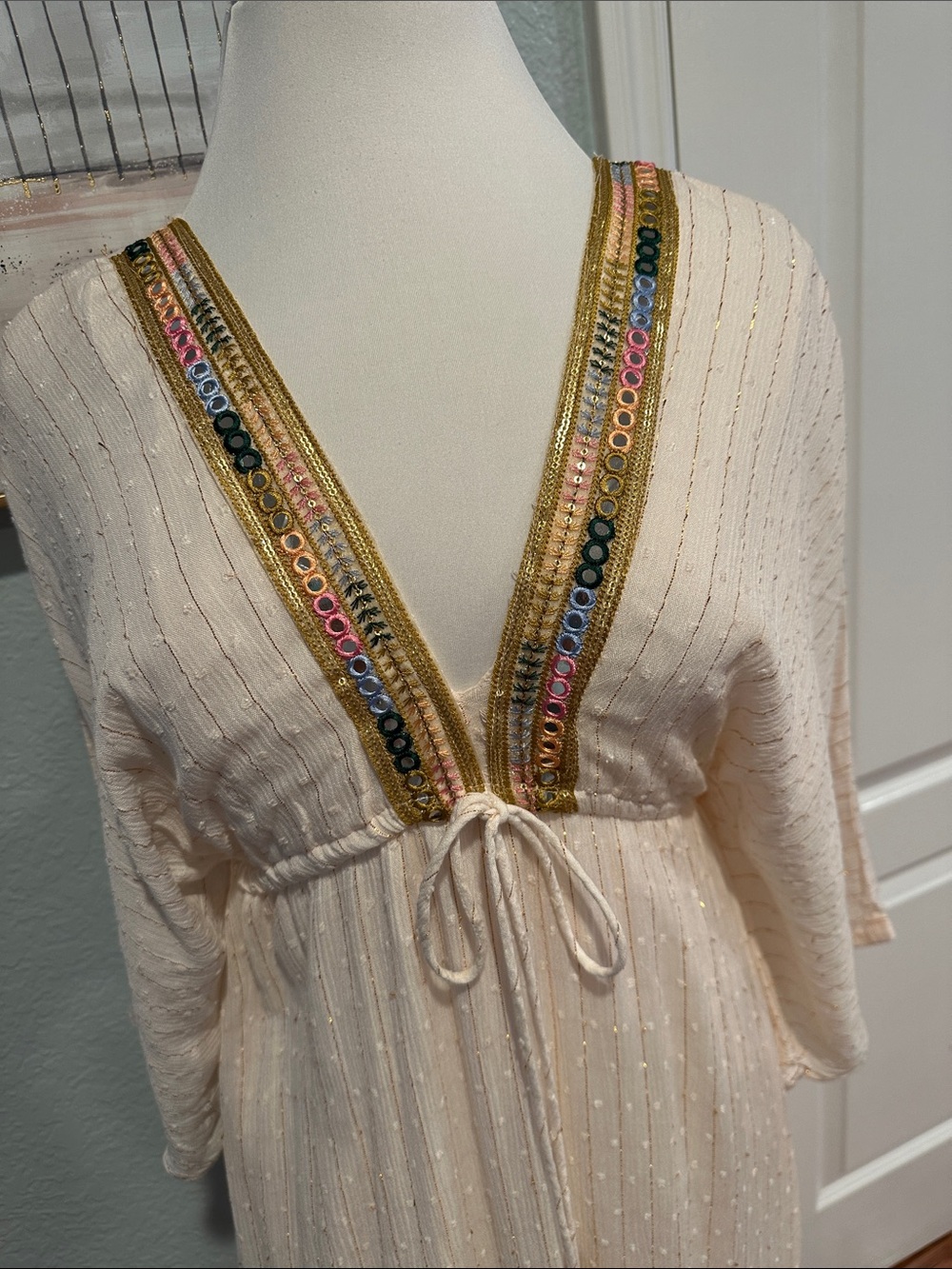 Omango by Lazy Daisy Sz L/XL Cream Boho V-Neck Maxi Dress with Beaded Trim